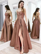 Long A-line Spaghetti Straps Backless Formal Graduation Prom Dresses with Slit by BIZTUNNEL
