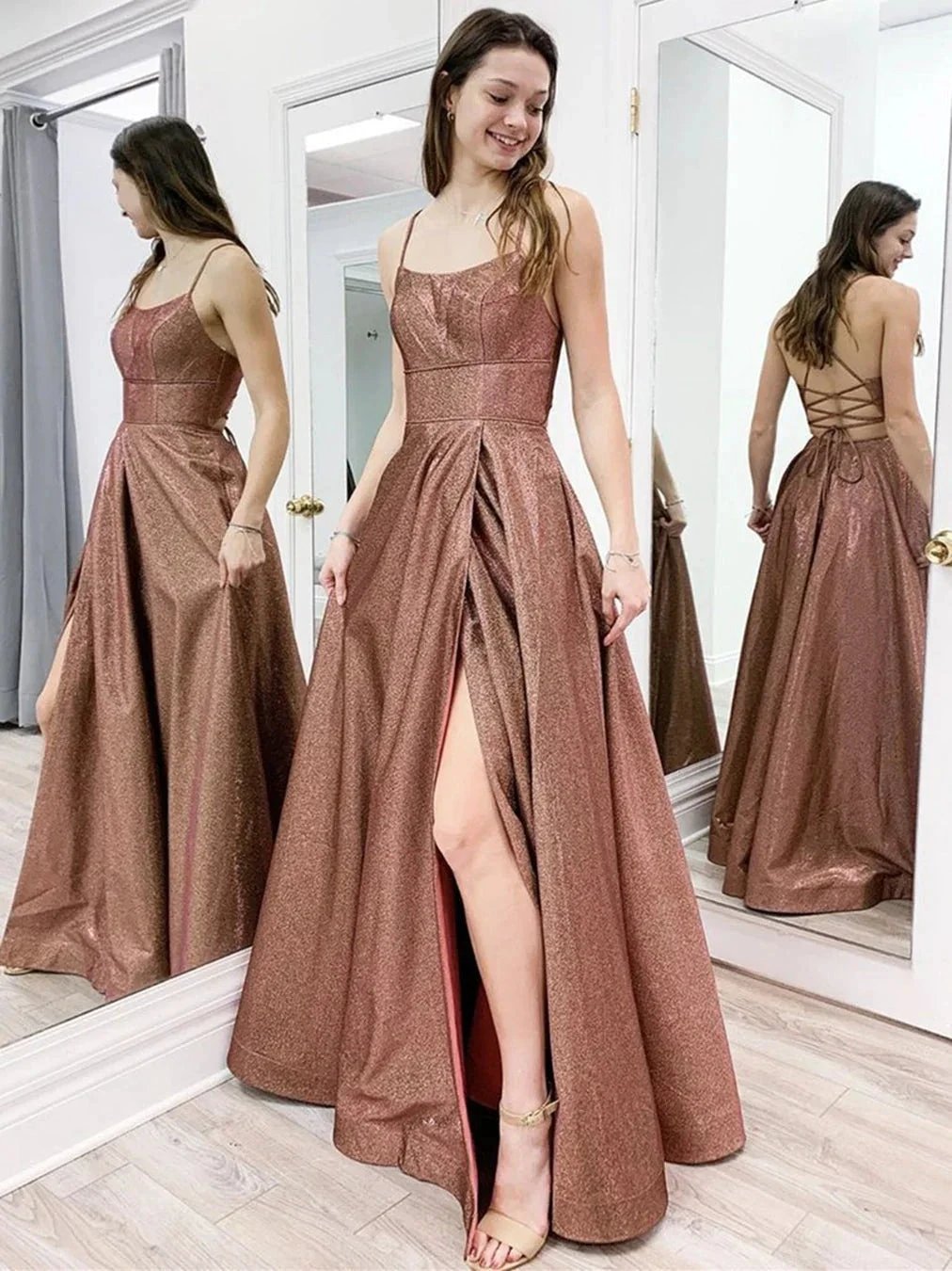 Long A-line Spaghetti Straps Backless Formal Graduation Prom Dresses with Slit by BIZTUNNEL