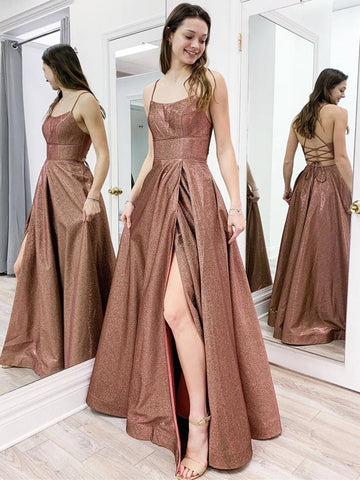 Vestidos de graduación formales largos de corte A con tirantes finos y espalda descubierta con abertura
