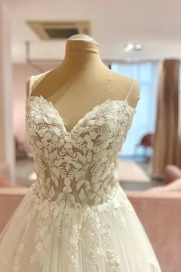 Long A-Line Spaghetti Straps Sweetheart Floral Lace Tulle Wedding Dress by BIZTUNNEL