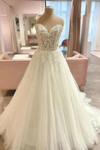 Long A-Line Spaghetti Straps Sweetheart Floral Lace Tulle Wedding Dress by BIZTUNNEL