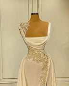 Long A-Line Square Neckline Satin Ivory Prom Dress With Slit by BIZTUNNEL