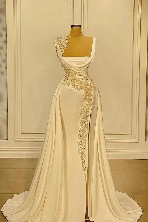 Long A-Line Square Neckline Satin Ivory Prom Dress With Slit by BIZTUNNEL