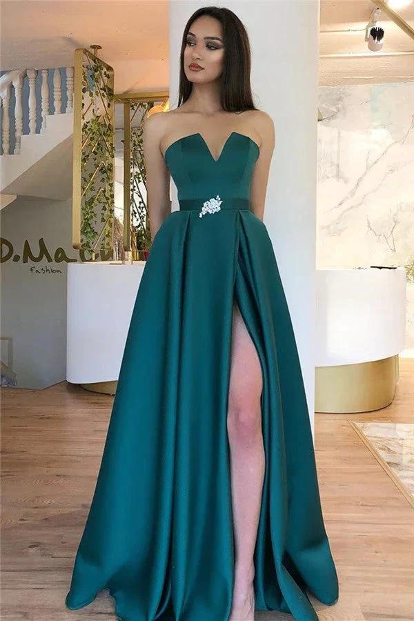 Long A-line Strapless Backless Satin Evening Dress with Slit by BIZTUNNEL
