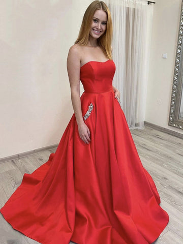 Vestido de fiesta largo de satén sin tirantes, corte A, rojo, formal, de noche, con bolsillos