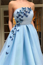 Long A-line Strapless Satin Prom Dress with pockets by BIZTUNNEL