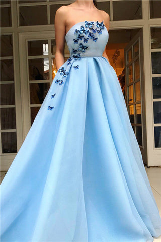 Vestido de fiesta largo de satén sin tirantes, corte A y bolsillos