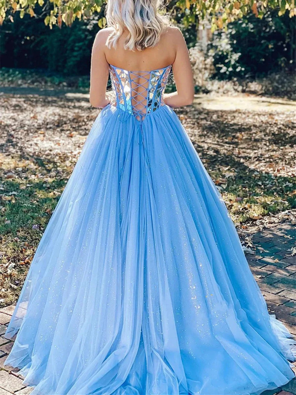 Long A line Strapless Sequins Tulle Prom Dresses Blue Formal Graduation Evening Dresses by BIZTUNNEL