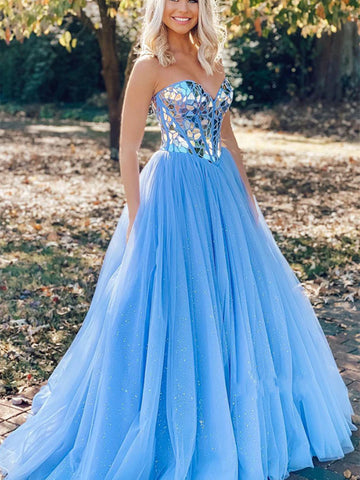 Vestidos de fiesta largos de tul con lentejuelas y sin tirantes, de corte A, azules, formales, para noche de graduación