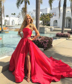Long A-line Strapless Side Slit Satin Formal Prom Dresses with Train by BIZTUNNEL