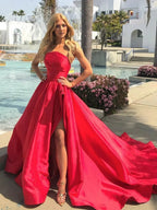Long A-line Strapless Side Slit Satin Formal Prom Dresses with Train by BIZTUNNEL