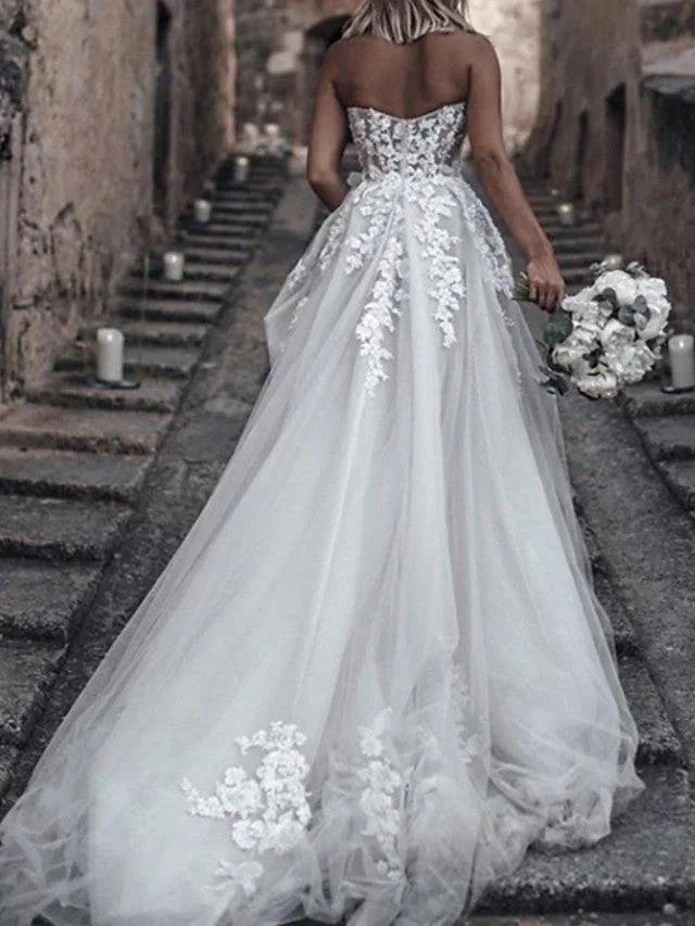 Long A-Line Strapless Sweep Brush Train Lace Tulle Sleeveless Wedding Dresses by BIZTUNNEL