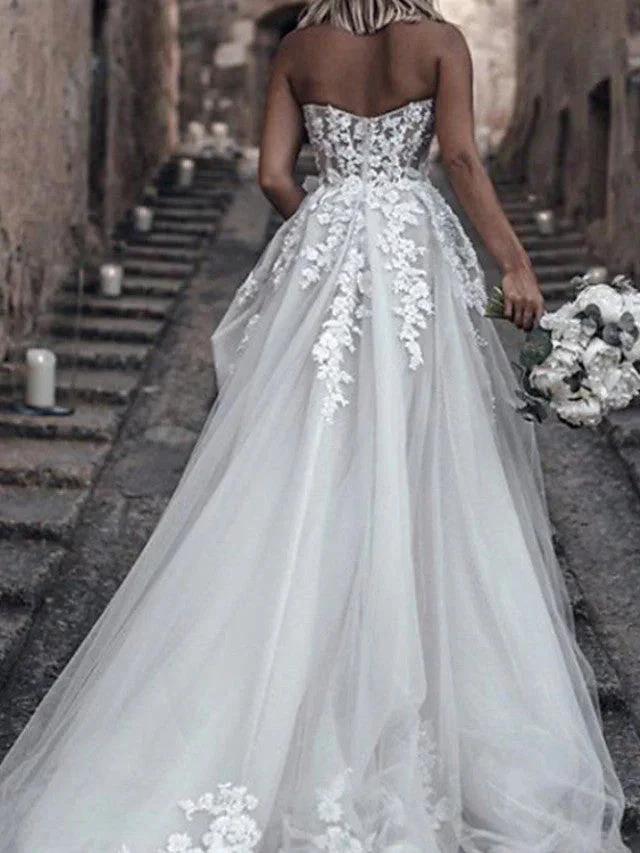 Long A-Line Strapless Sweep Brush Train Lace Tulle Sleeveless Wedding Dresses by BIZTUNNEL