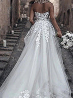 Long A-Line Strapless Sweep Brush Train Lace Tulle Sleeveless Wedding Dresses by BIZTUNNEL