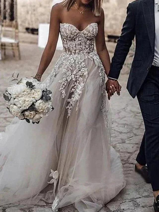 Long A-Line Strapless Sweep Brush Train Lace Tulle Sleeveless Wedding Dresses by BIZTUNNEL