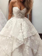 Long A-Line Strapless Sweep Brush Train Lace Tulle Wedding Dresses by BIZTUNNEL