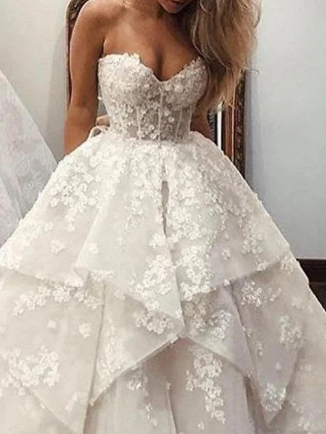 Long A-Line Strapless Sweep Brush Train Lace Tulle Wedding Dresses by BIZTUNNEL
