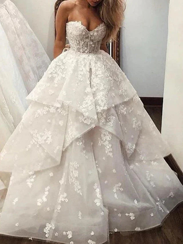 Long A-Line Strapless Sweep Brush Train Lace Tulle Wedding Dresses by BIZTUNNEL