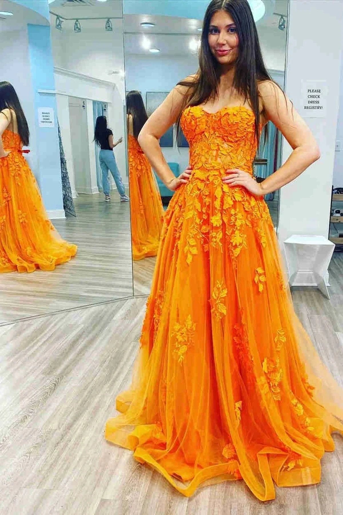 Long A-line Strapless Tulle Lace Prom Dress Orange Formal Evening Gowns by BIZTUNNEL