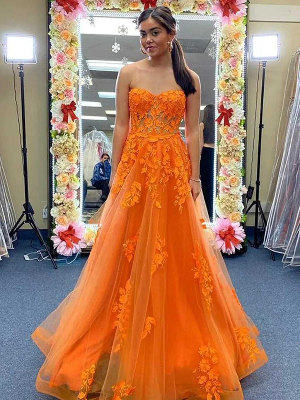 Long A-line Strapless Tulle Lace Prom Dress Orange Formal Evening Gowns by BIZTUNNEL