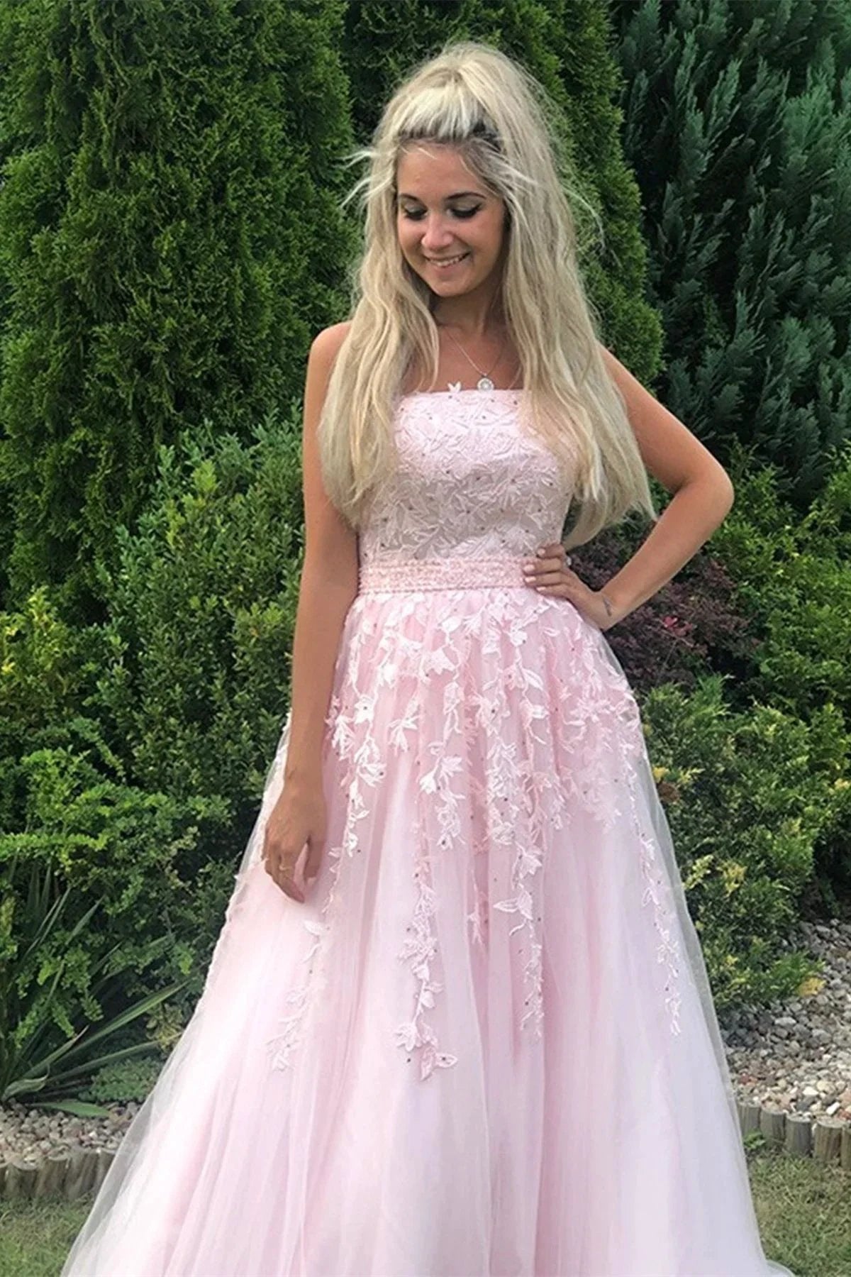 Long A-line Strapless Tulle Lace Prom Dress Pink Formal Graduation Evening Gowns by BIZTUNNEL