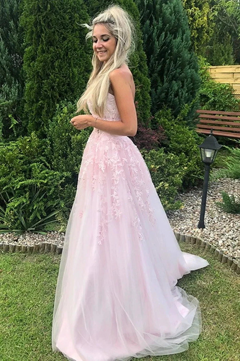 Long A-line Strapless Tulle Lace Prom Dress Pink Formal Graduation Evening Gowns by BIZTUNNEL