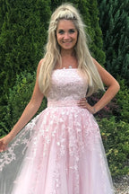 Long A-line Strapless Tulle Lace Prom Dress Pink Formal Graduation Evening Gowns by BIZTUNNEL