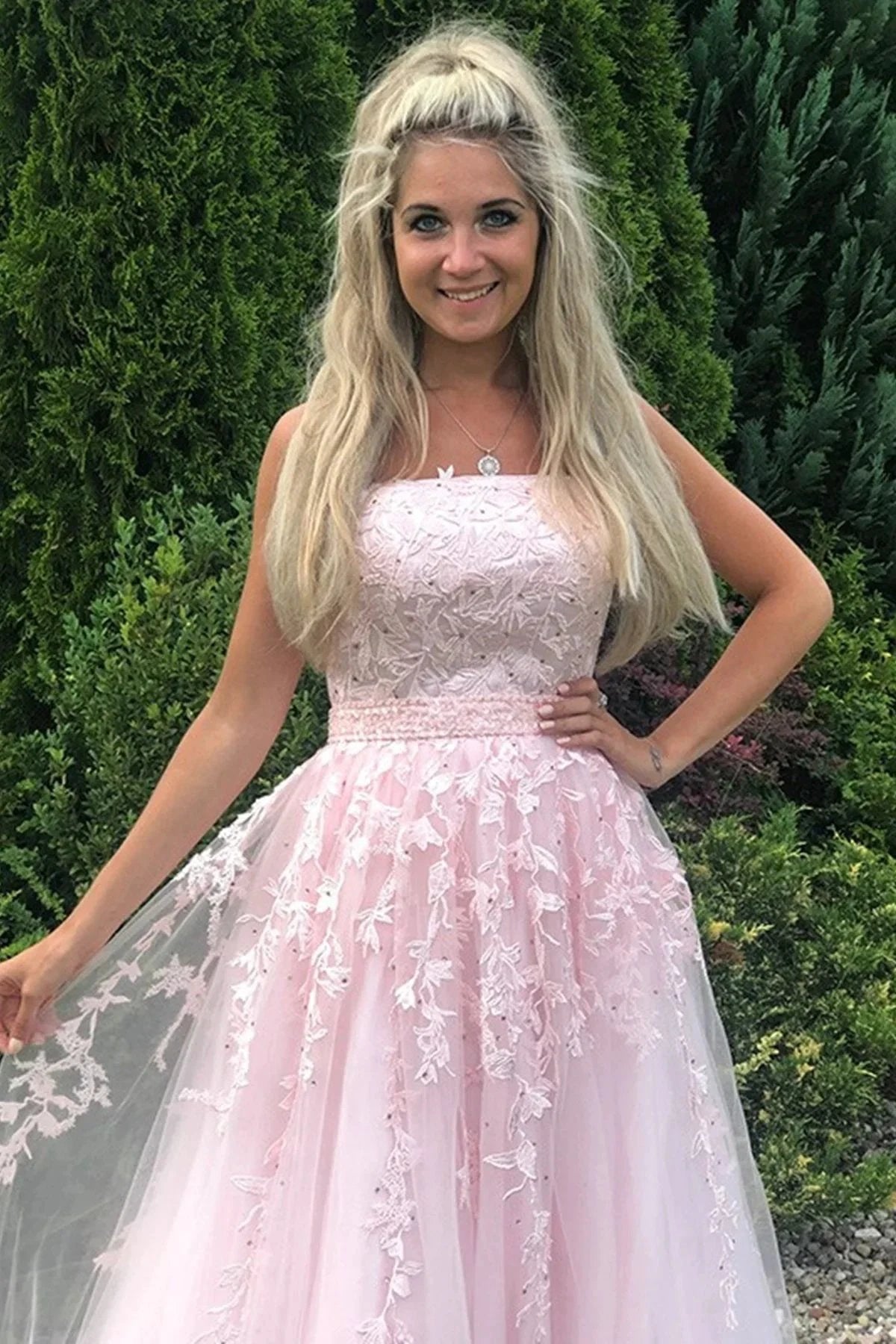 Long A-line Strapless Tulle Lace Prom Dress Pink Formal Graduation Evening Gowns by BIZTUNNEL