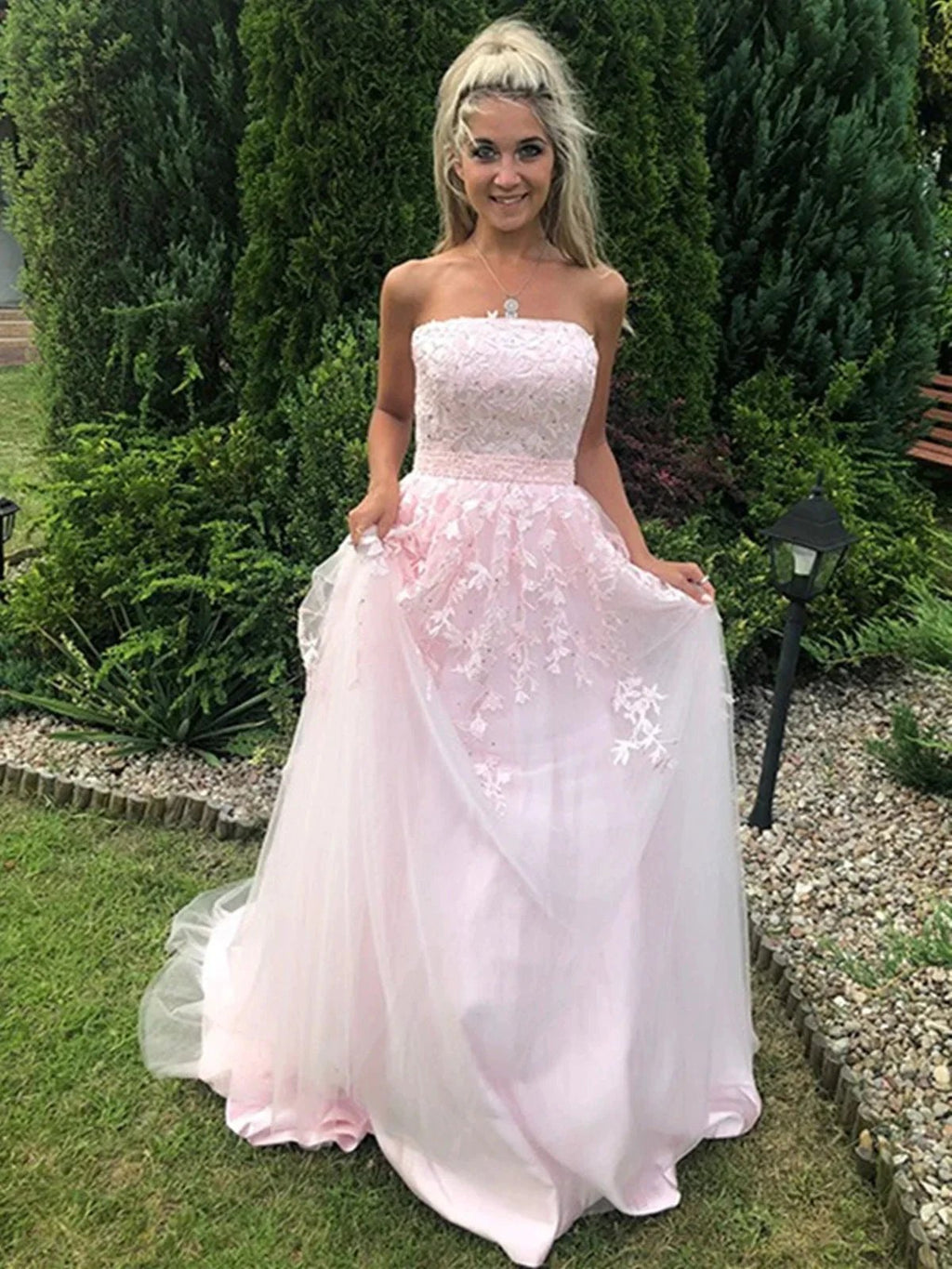 Long A-line Strapless Tulle Lace Prom Dress Pink Formal Graduation Evening Gowns by BIZTUNNEL