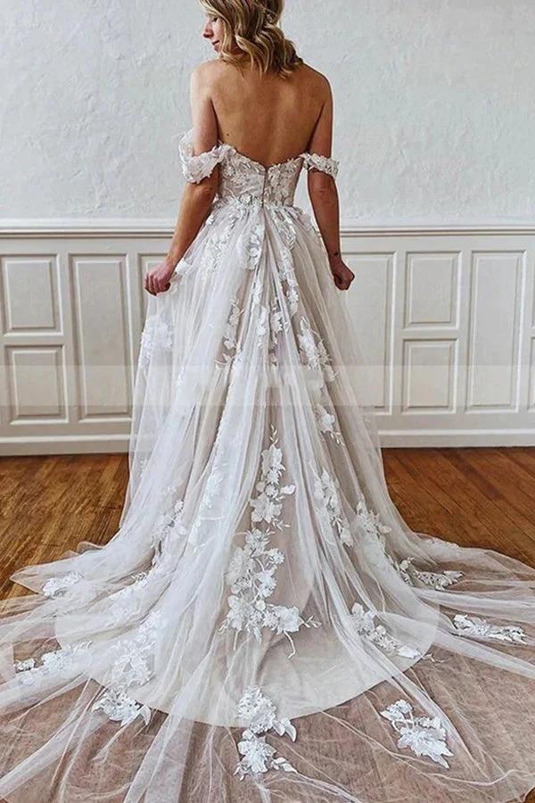 Long A-line Straps Sweetheart Appliques Lace Tulle Backless Wedding Dress by BIZTUNNEL
