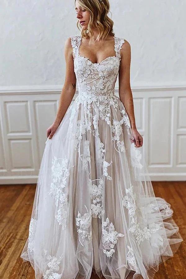 Long A-line Straps Sweetheart Appliques Lace Tulle Backless Wedding Dress by BIZTUNNEL
