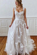 Long A-line Straps Sweetheart Appliques Lace Tulle Backless Wedding Dress by BIZTUNNEL
