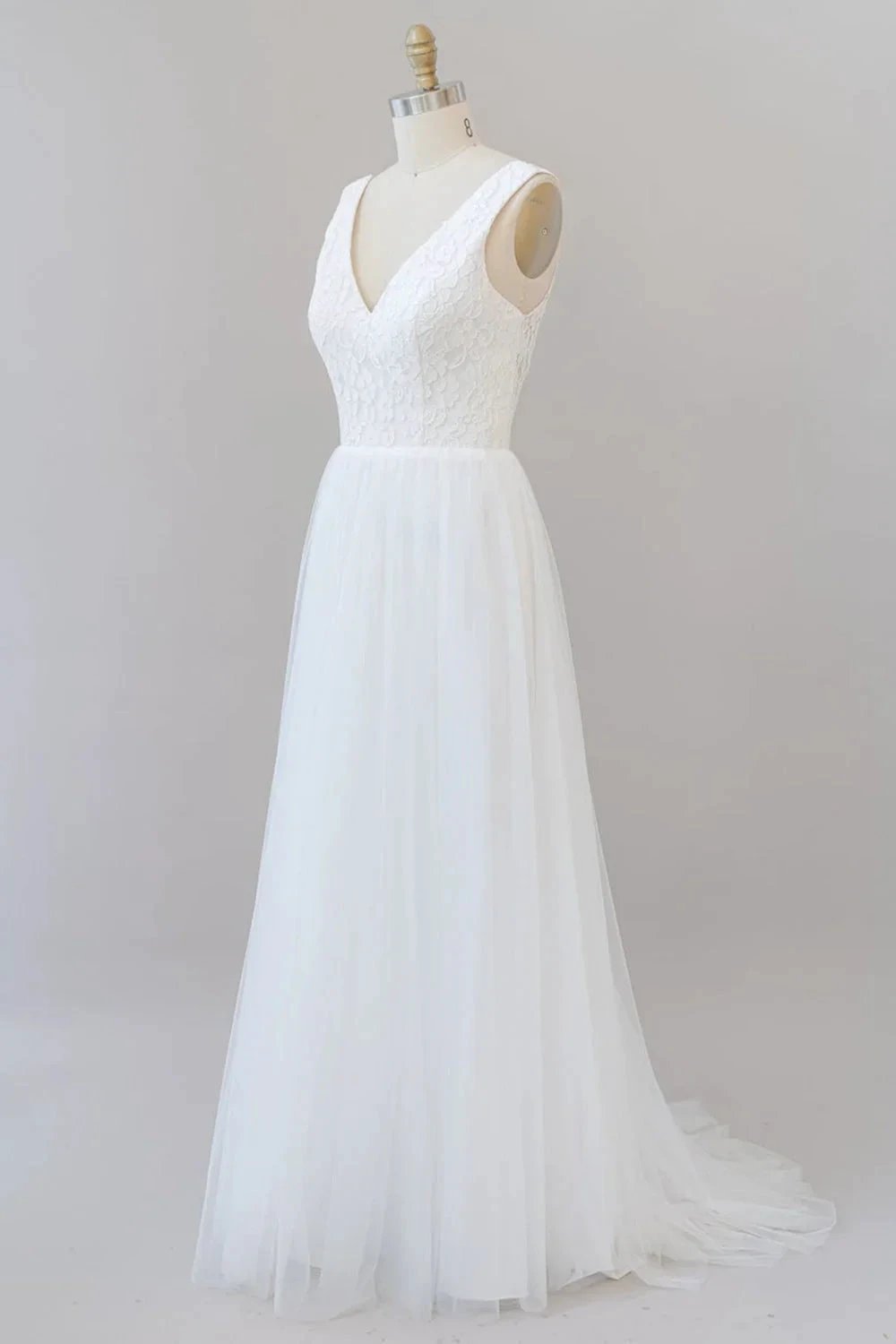 Long A-line Straps V-neck Chiffon Open Back Wedding Dress by BIZTUNNEL