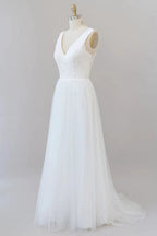 Long A-line Straps V-neck Chiffon Open Back Wedding Dress by BIZTUNNEL