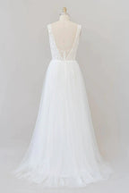 Long A-line Straps V-neck Chiffon Open Back Wedding Dress by BIZTUNNEL