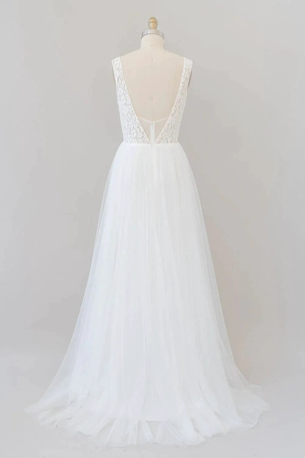 Long A-line Straps V-neck Chiffon Open Back Wedding Dress by BIZTUNNEL