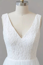 Long A-line Straps V-neck Chiffon Open Back Wedding Dress by BIZTUNNEL