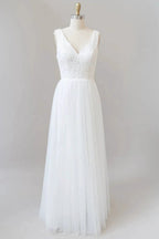 Long A-line Straps V-neck Chiffon Open Back Wedding Dress by BIZTUNNEL