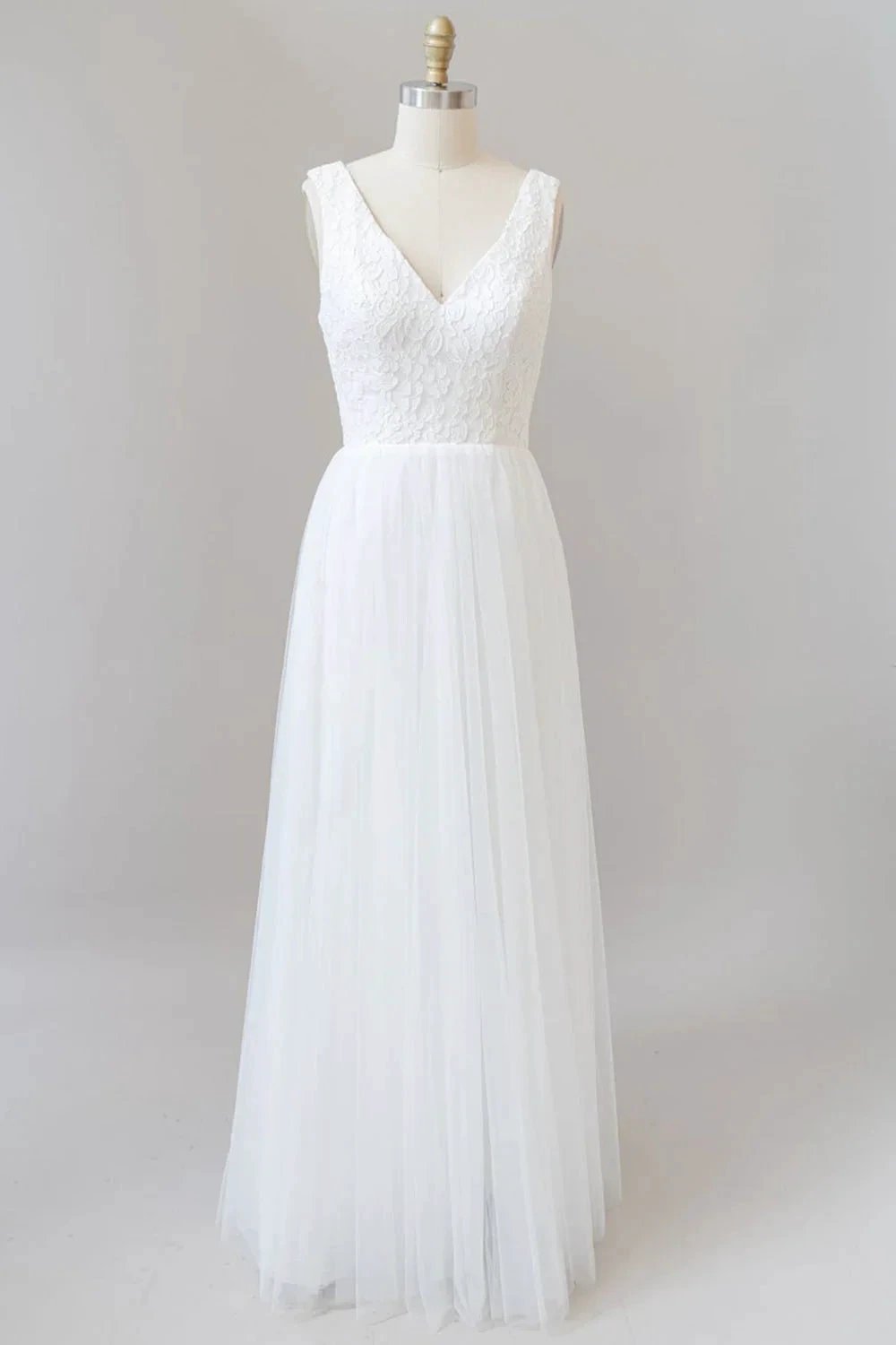 Long A-line Straps V-neck Chiffon Open Back Wedding Dress by BIZTUNNEL