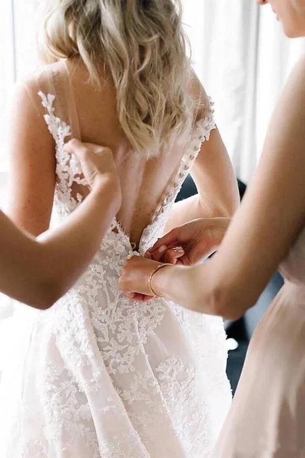 Long A-line Straps V-neck Floral Beads Tulle Backless Wedding Dress by BIZTUNNEL
