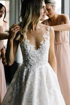 Long A-line Straps V-neck Floral Beads Tulle Backless Wedding Dress by BIZTUNNEL