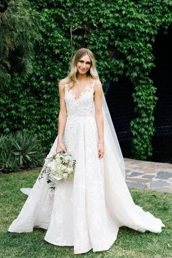 Long A-line Straps V-neck Floral Beads Tulle Backless Wedding Dress by BIZTUNNEL