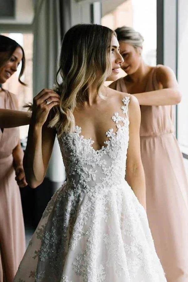 Long A-line Straps V-neck Floral Beads Tulle Backless Wedding Dress by BIZTUNNEL