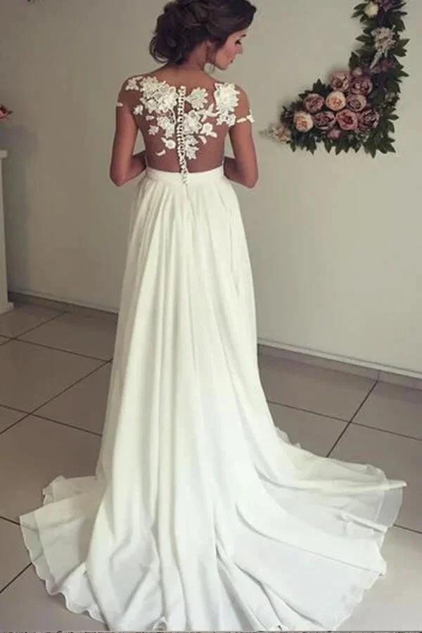 Long A-line Sweetheart Appliques Lace Chiffon Wedding Dress with Slit by BIZTUNNEL