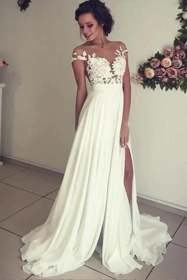 Long A-line Sweetheart Appliques Lace Chiffon Wedding Dress with Slit by BIZTUNNEL