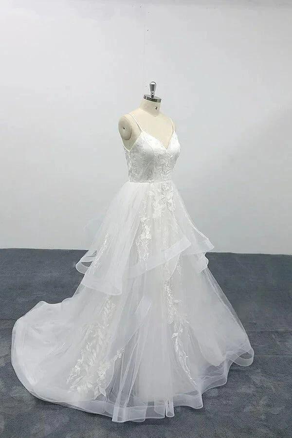 Long A-line Sweetheart Appliques Spaghetti Strap Tulle Wedding Dress by BIZTUNNEL