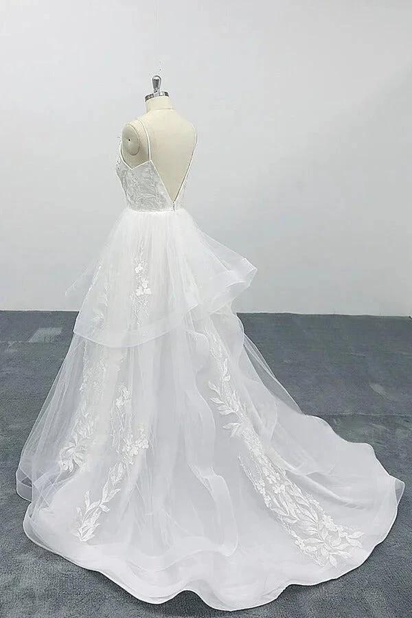 Long A-line Sweetheart Appliques Spaghetti Strap Tulle Wedding Dress by BIZTUNNEL