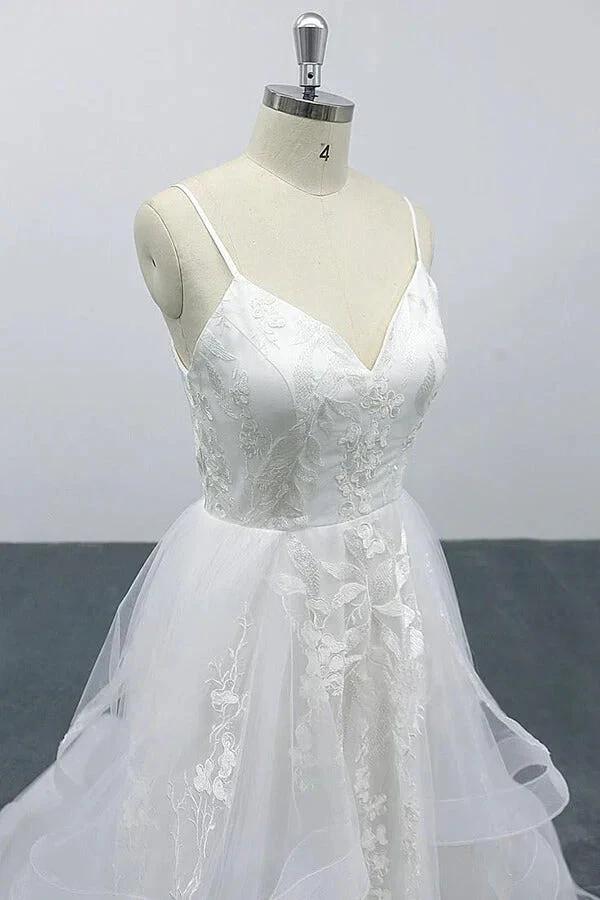 Long A-line Sweetheart Appliques Spaghetti Strap Tulle Wedding Dress by BIZTUNNEL