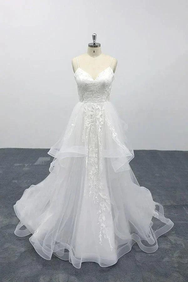 Long A-line Sweetheart Appliques Spaghetti Strap Tulle Wedding Dress by BIZTUNNEL