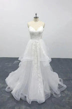 Long A-line Sweetheart Appliques Spaghetti Strap Tulle Wedding Dress by BIZTUNNEL